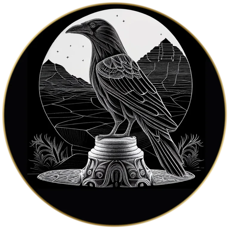 Raven on a pedestal in a gold-rimmed disc, drawing