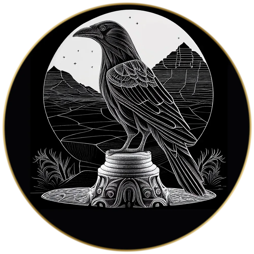 Raven on a pedestal in a gold-rimmed disc, drawing